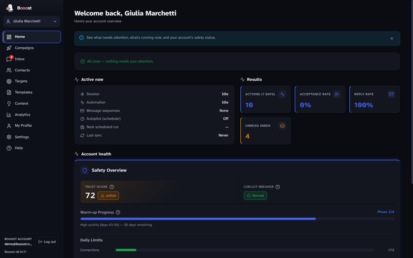 Safety dashboard with trust score and warm-up
