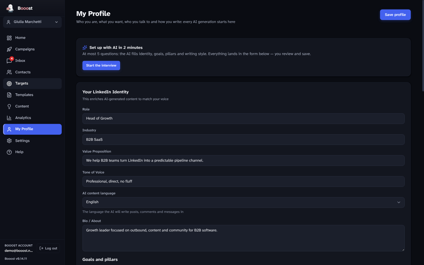 My Profile and AI interview setup