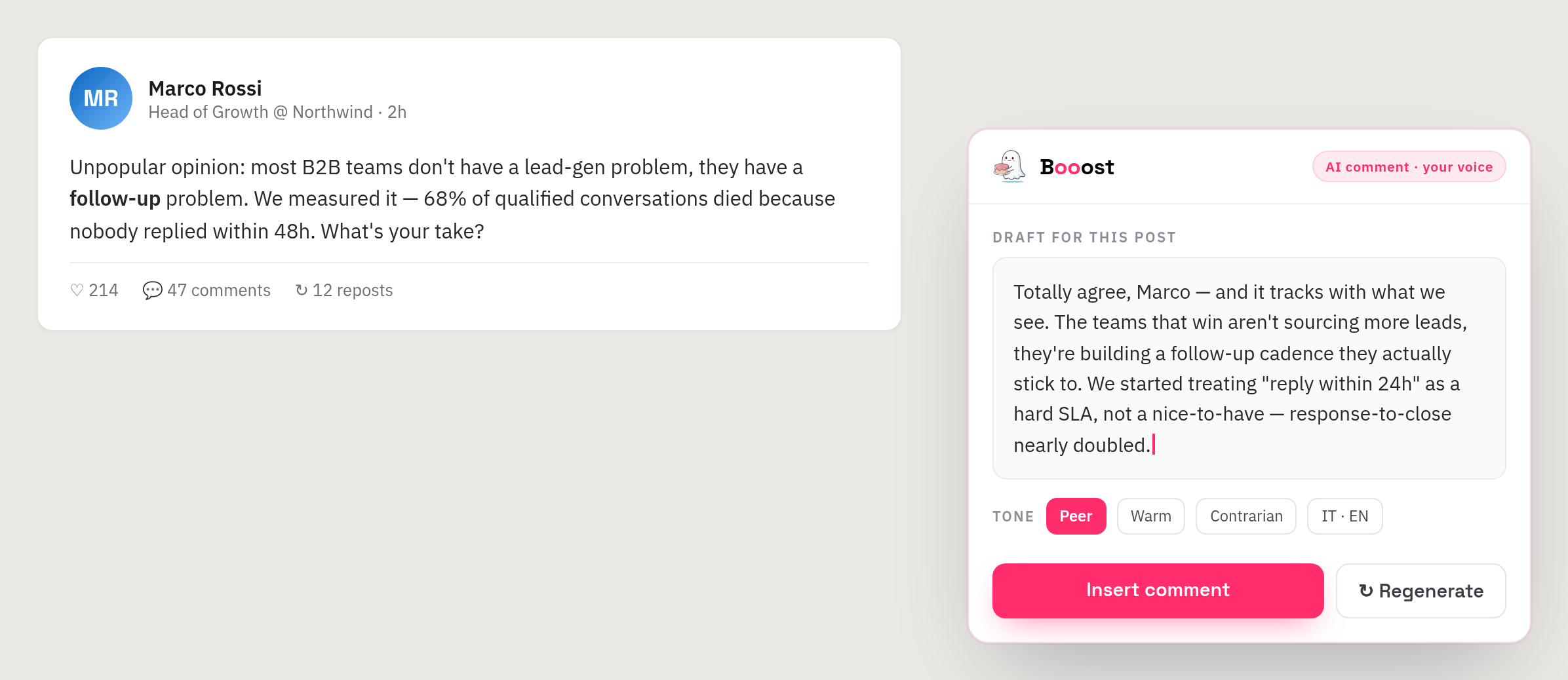 Booost Personal drafting an AI comment in your voice on a LinkedIn post